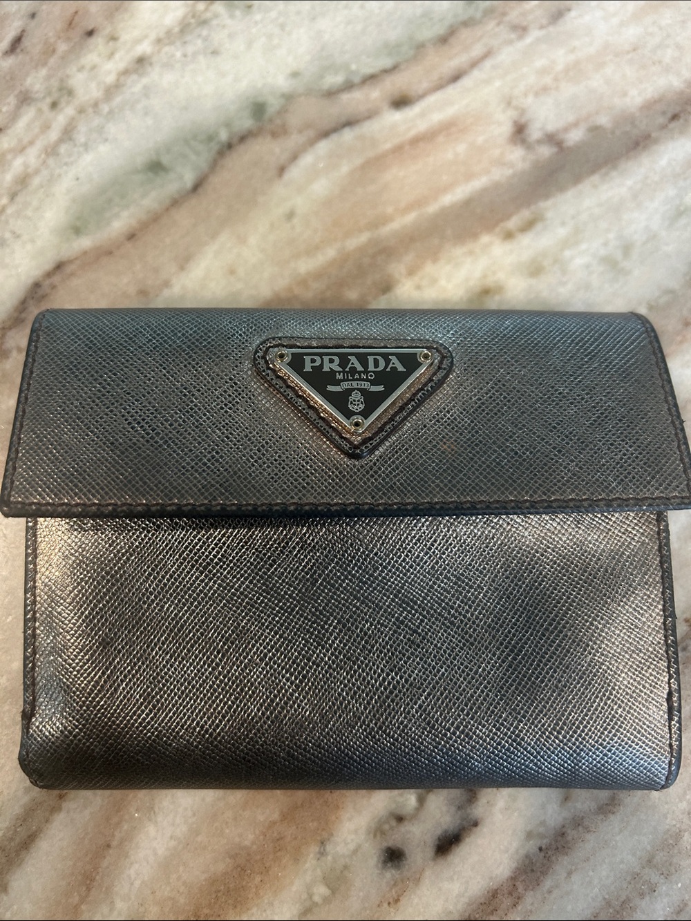 Prada Black Saffiano Metallic Trifold Wallet with Triangle Logo